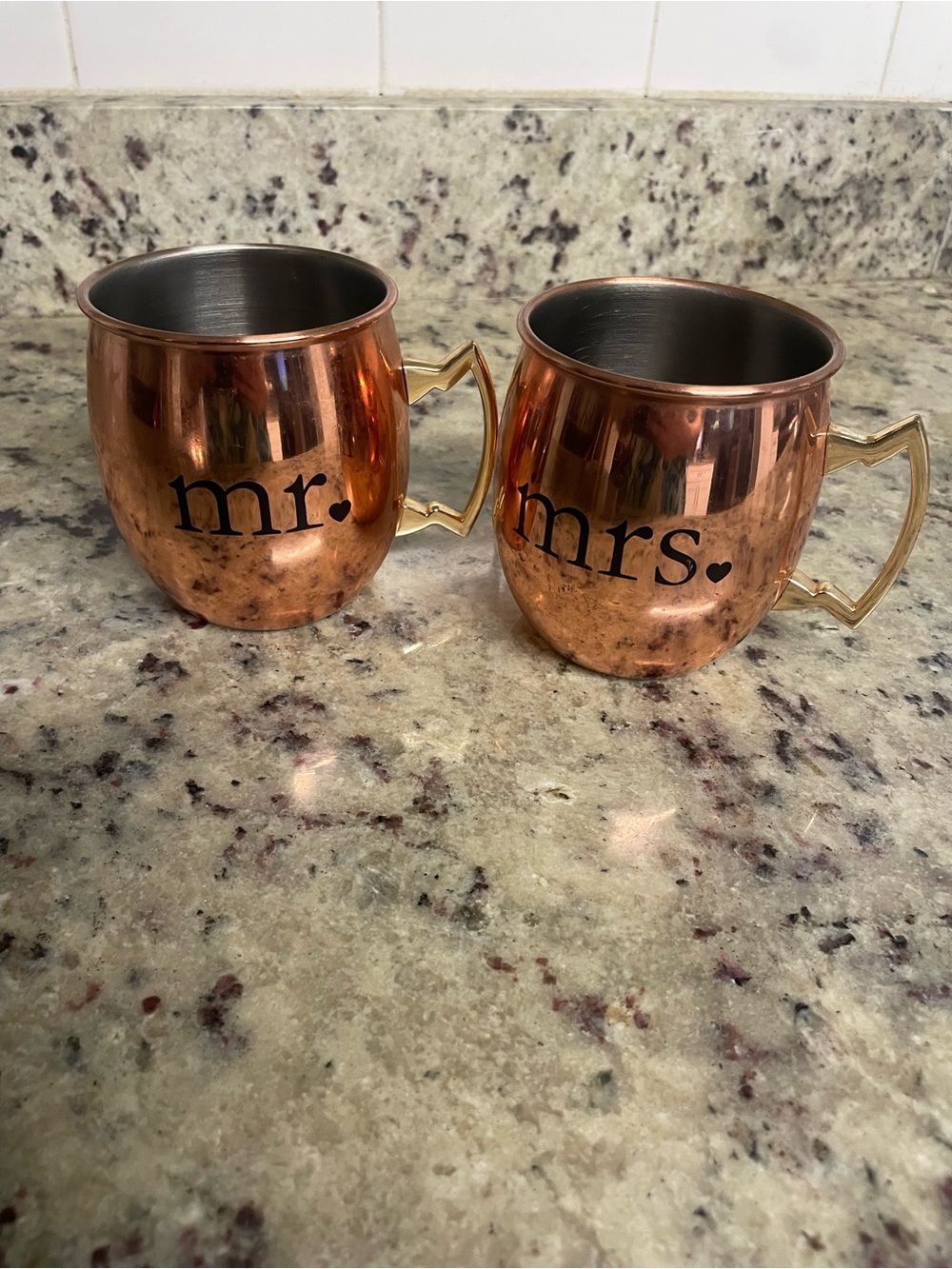 Mr. & Mrs. His & hers Copper Moscow Mule Mug Set silver one int. Cup